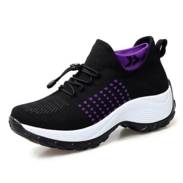 Grey and pink women's orthopedic comfort shoes, lightweight design, side profile