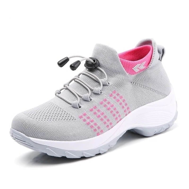 Black and purple women's orthopedic shoes with flexible breathable upper, three-quarter view