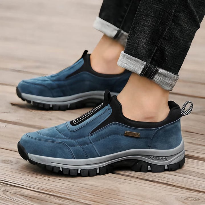 Men's orthopedic walking shoe in blue with cushioned insole and slip-resistant rubber outsole