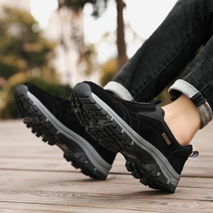 Overhead view of orthopedic walking shoe interior showing supportive cushioned insole