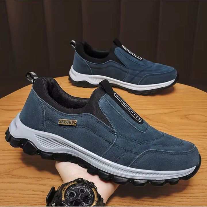 Men's orthopedic walking shoes in multiple colors: blue, black, khaki, brown, and green