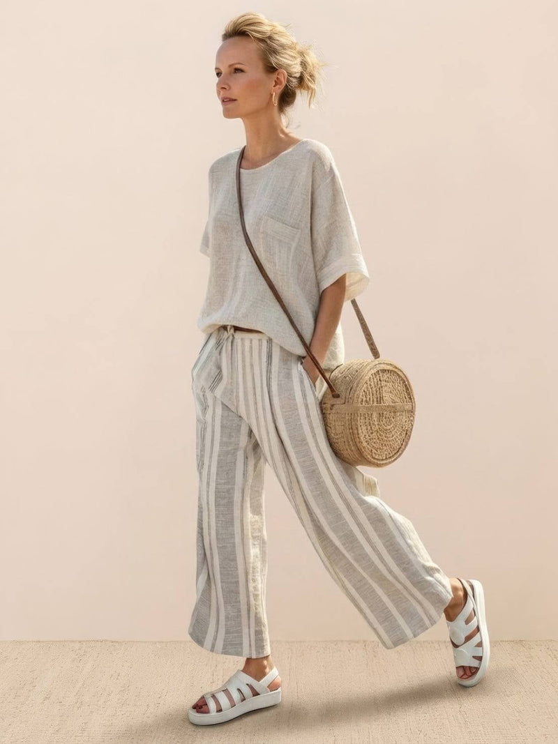 Paloma two-piece set featuring an oversized tee and striped wide-leg cropped pants in Neutral Stripes colorway