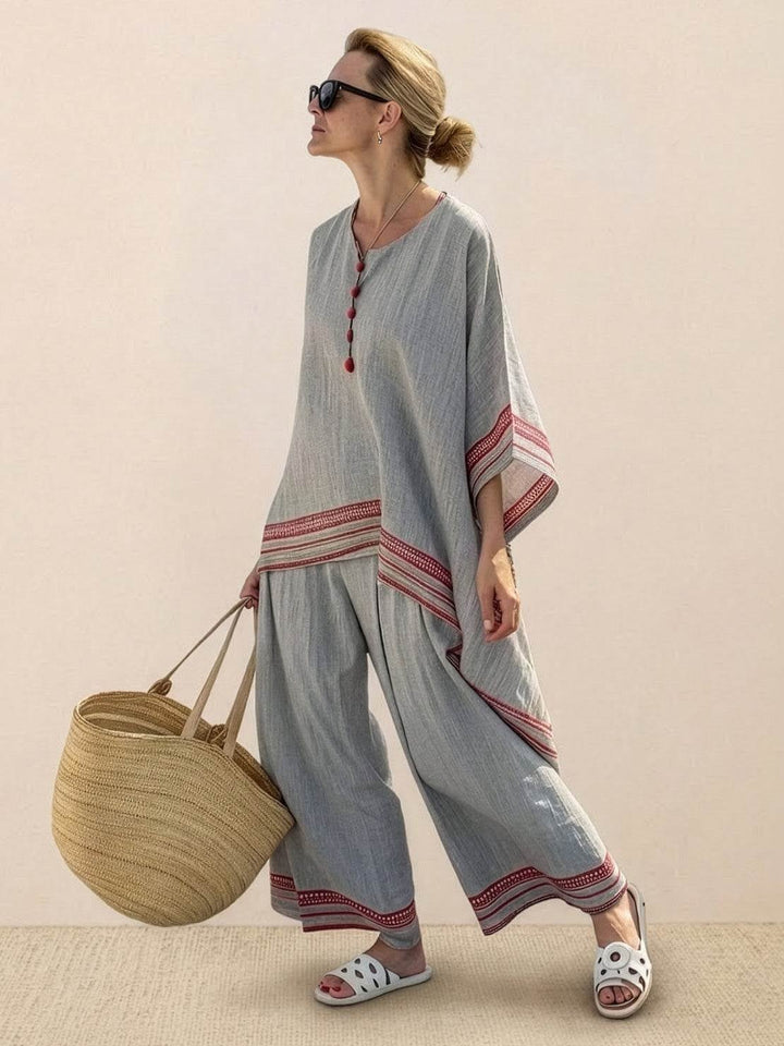 Paloma two-piece set styled with sandals for a casual daytime look