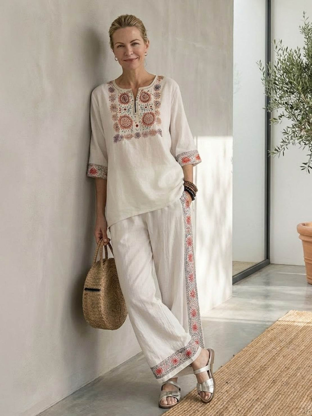 Paloma two-piece set in Rustic Stripes colorway on a female model