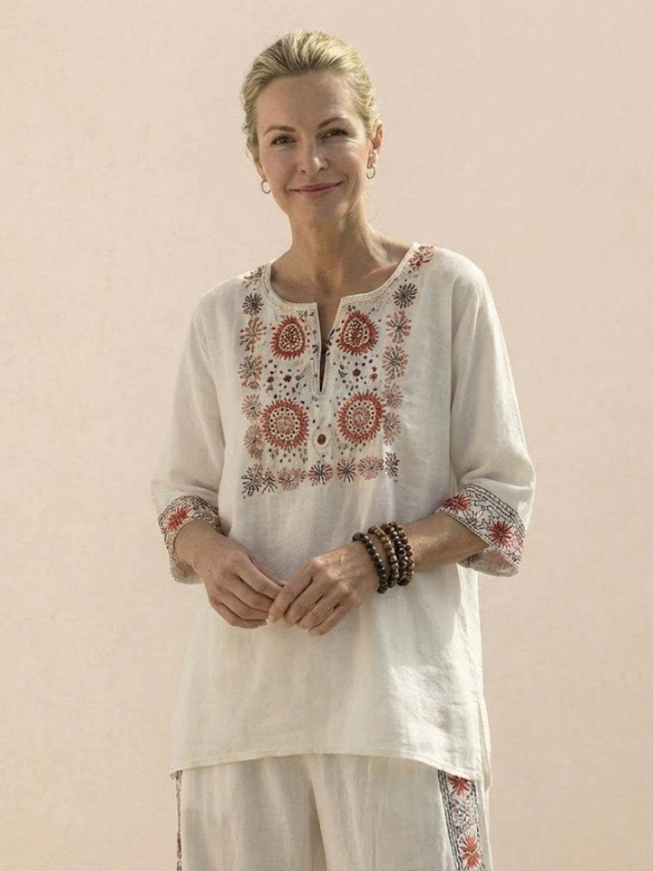 Front view of the Paloma Rustic Stripes wide-leg pants and tee set