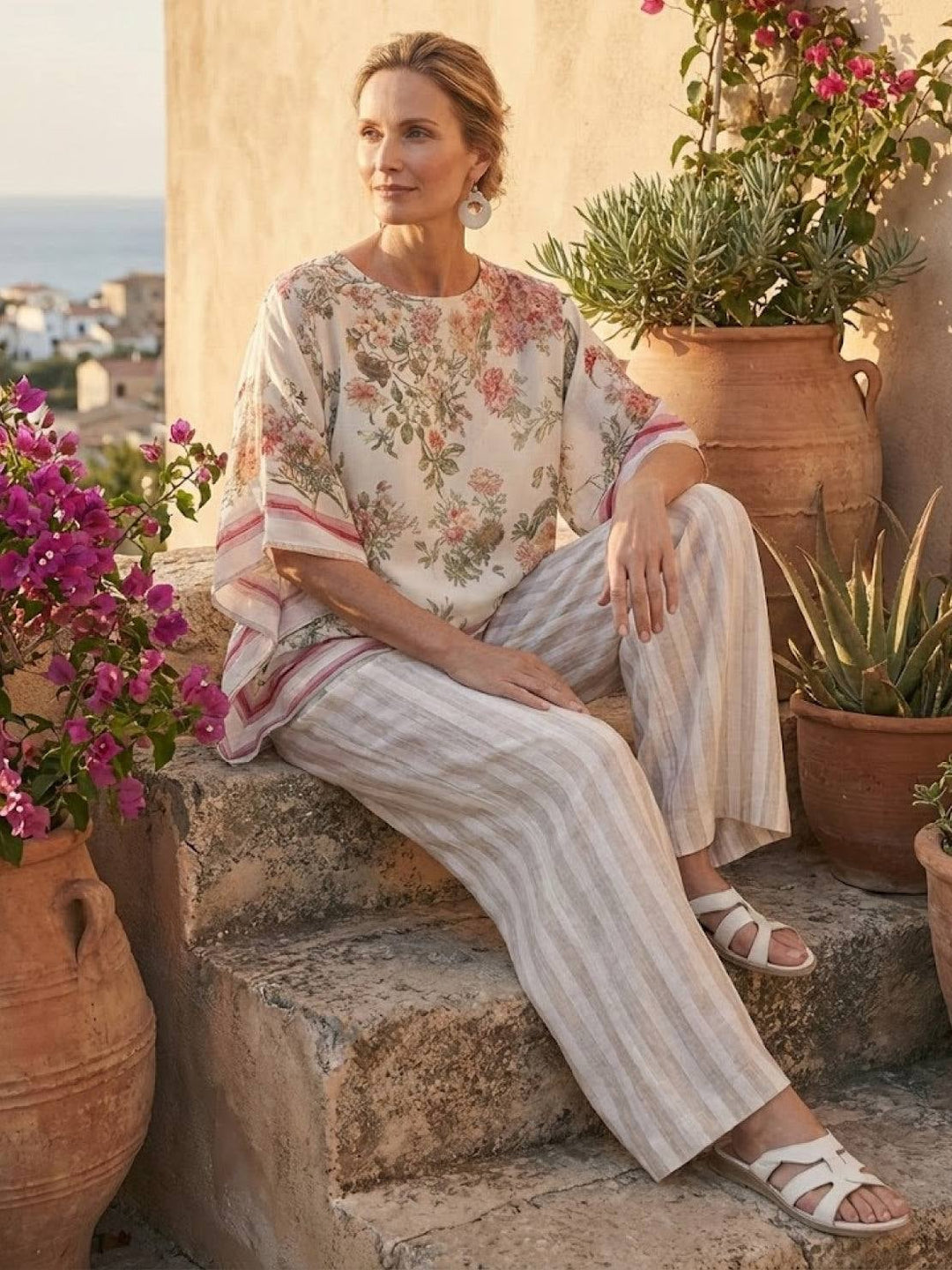 Side view of the Paloma Purple Layers set showing wide-leg silhouette