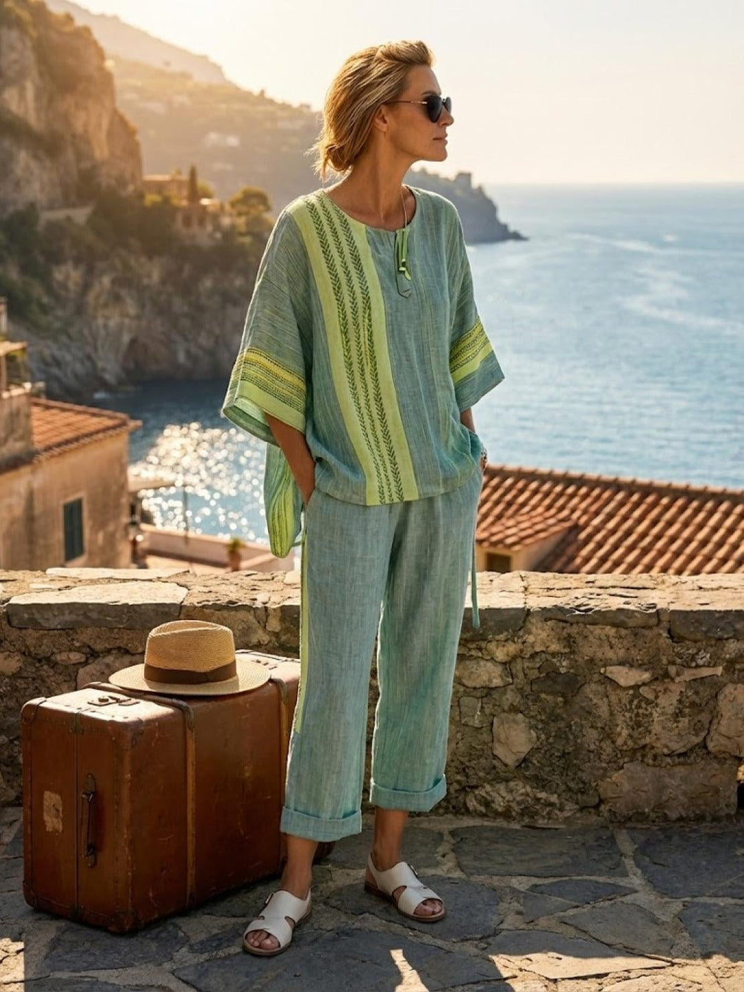 Close-up of Paloma drawstring waistband detail on wide-leg pants