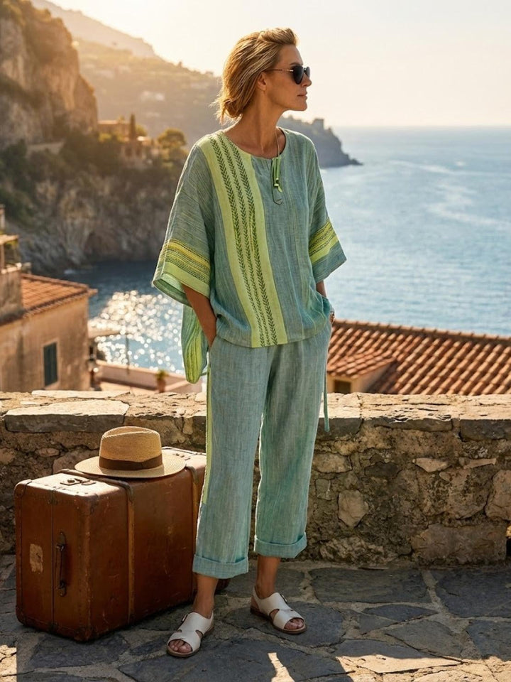 Close-up of Paloma drawstring waistband detail on wide-leg pants