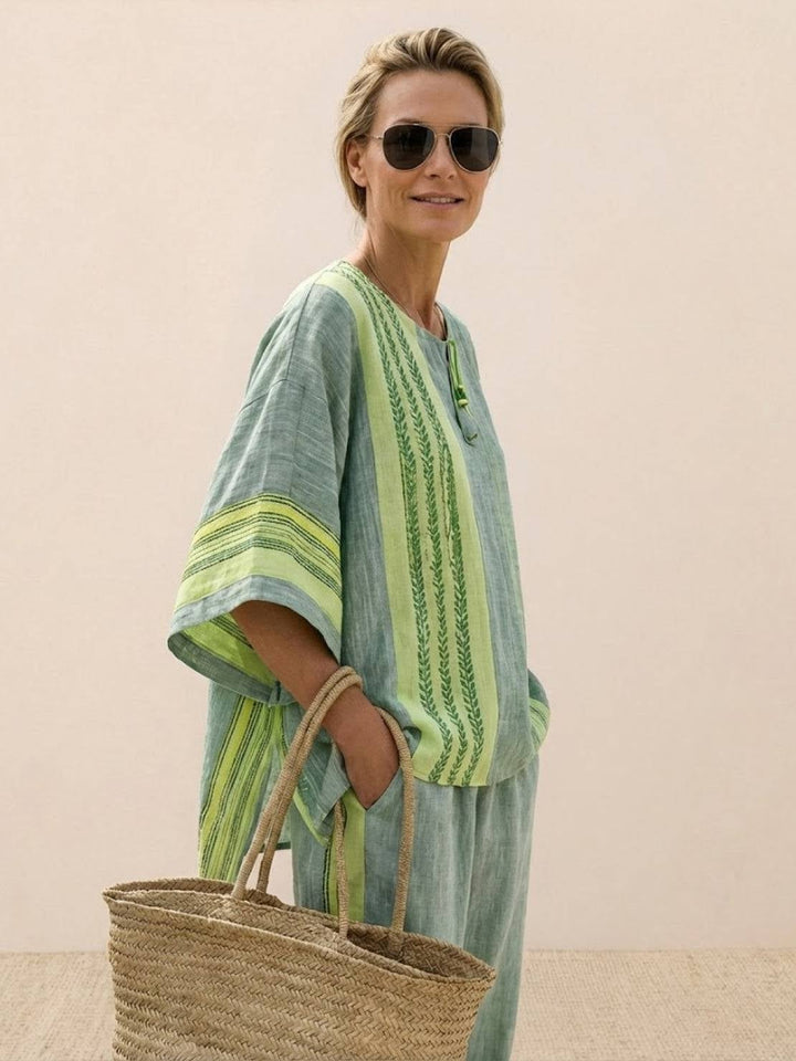 Model wearing the Paloma set loose and untucked for a relaxed casual look