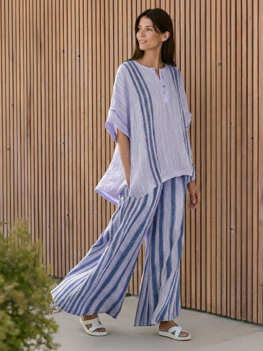 Paloma set styled with block-heel mules for an elevated warm-weather outfit