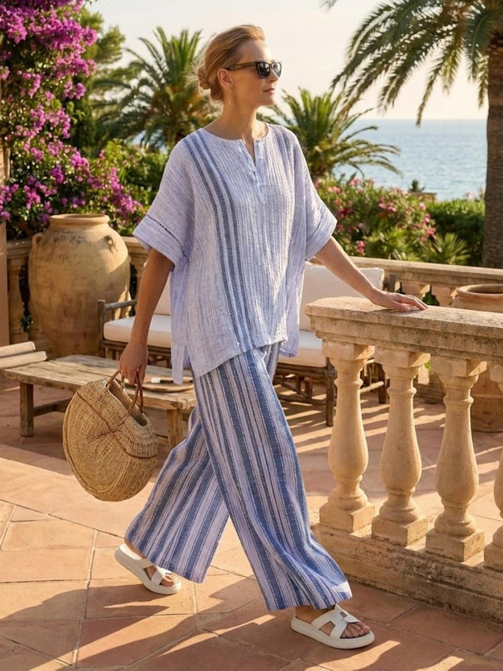 Back view of the Paloma two-piece set in Neutral Stripes