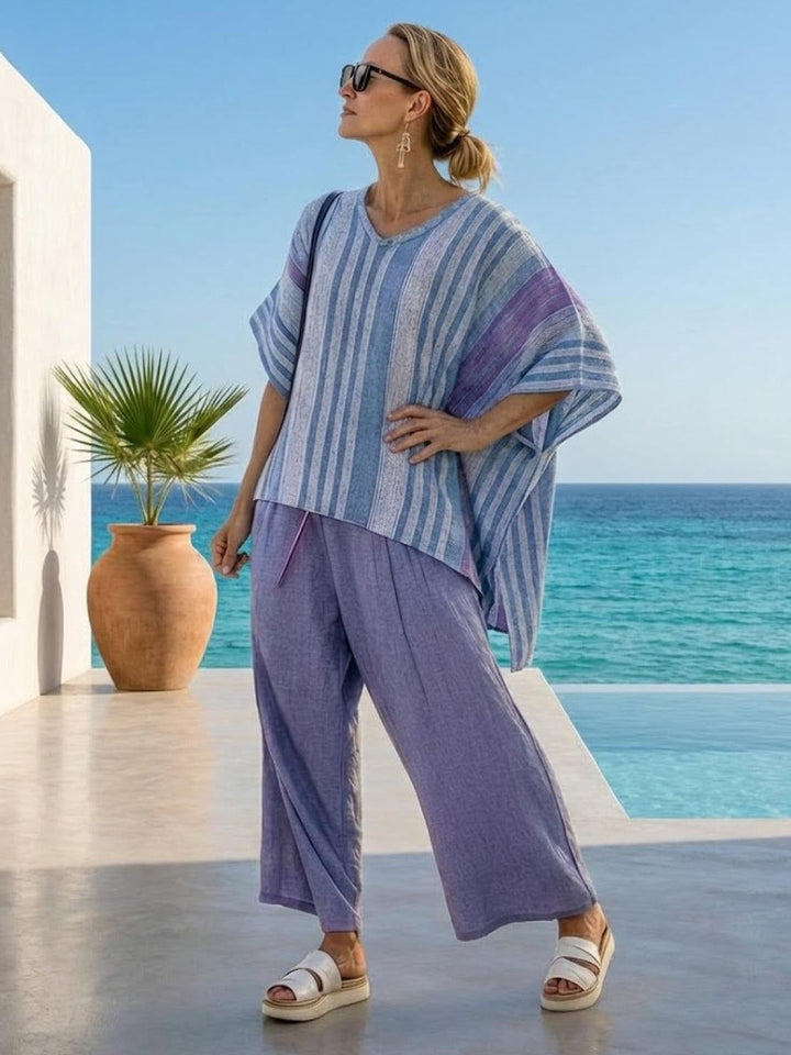Paloma set in Neutral Stripes shown in natural outdoor lighting