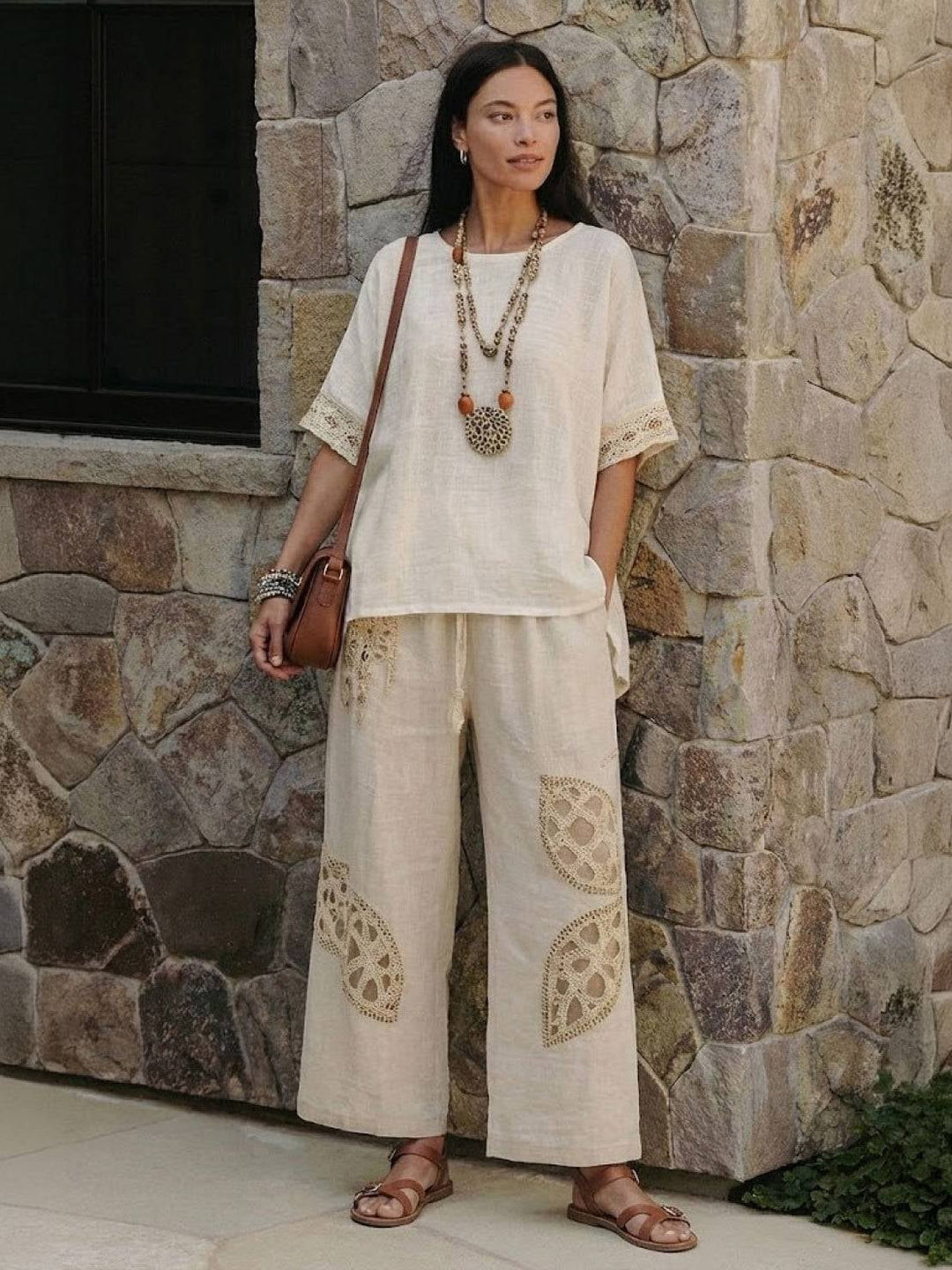 Detailed view of Paloma tee sleeve and relaxed shoulder fit