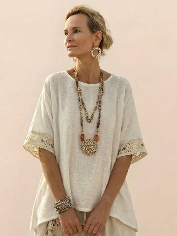 Paloma set in Neutral Stripes draped to show fabric weight and flow