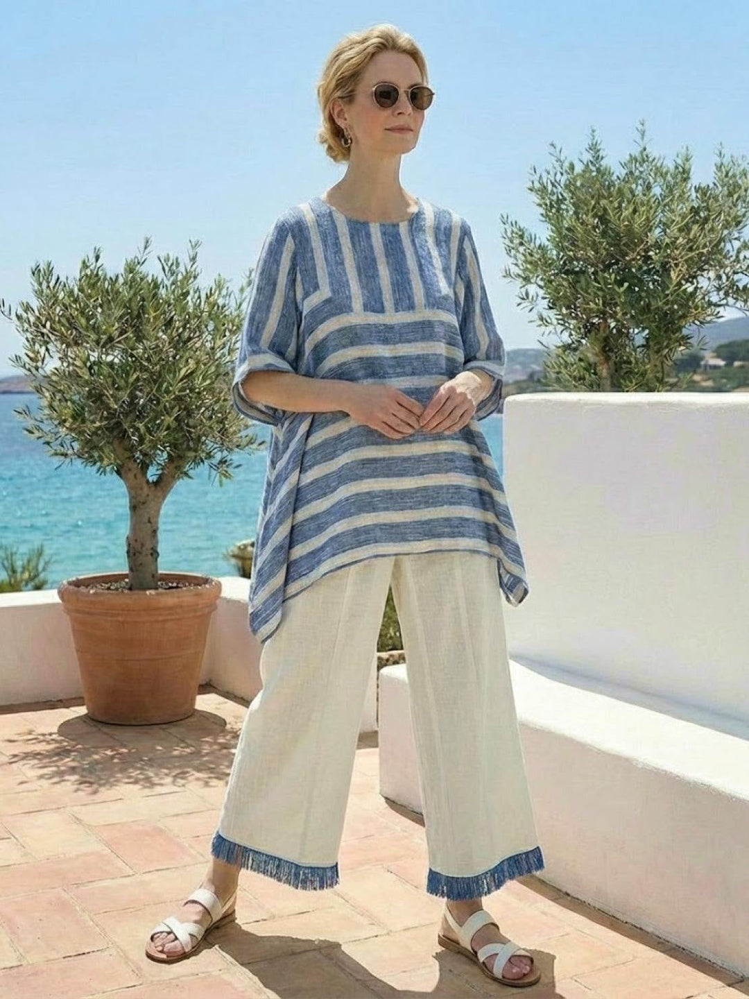 Three-quarter view of the Paloma set in Rustic Stripes
