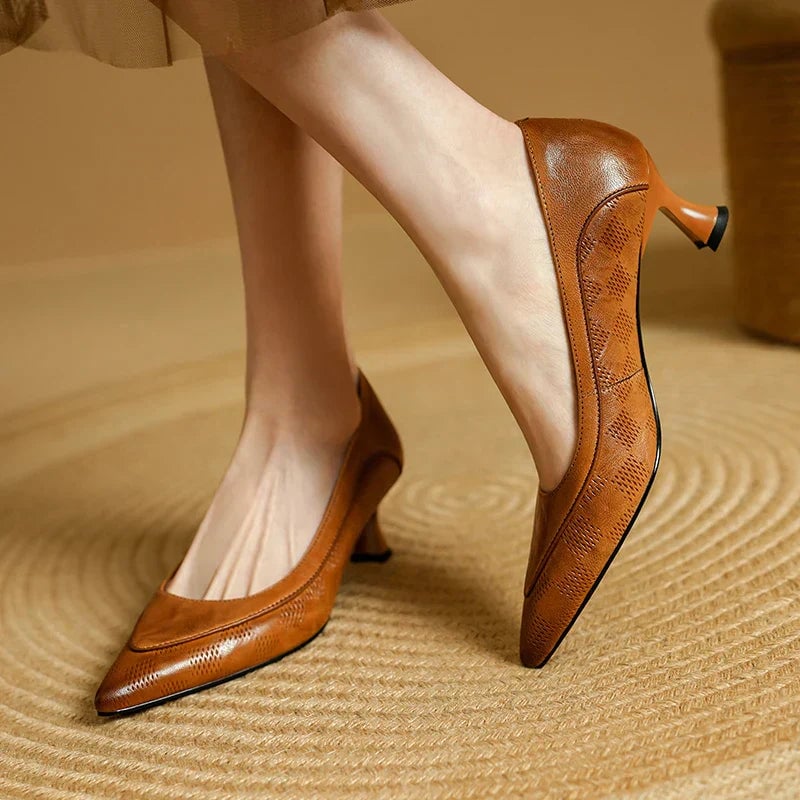 Paloma pointed toe kitten heel pumps in brown, front three-quarter view