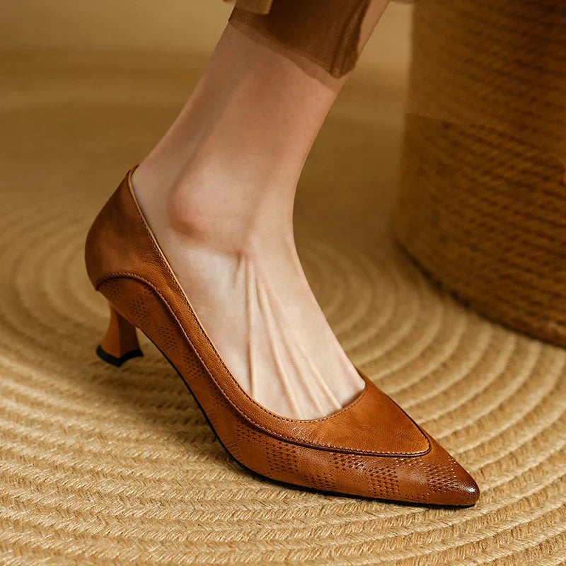 Paloma pointed toe kitten heel pumps in brown, side profile view showing textured panels