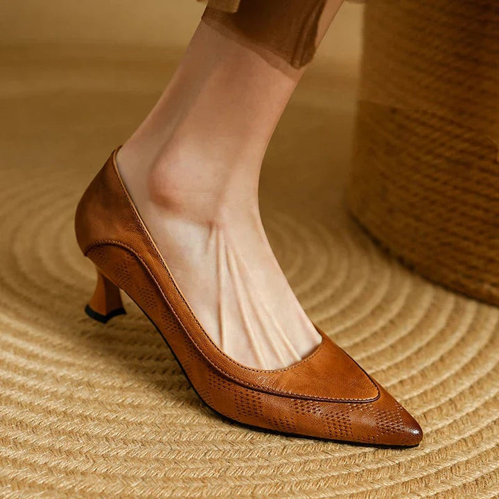 Paloma pointed toe kitten heel pumps in brown, side profile view showing textured panels