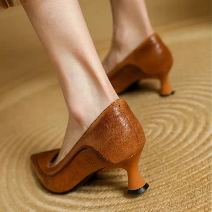 Paloma pointed toe kitten heel pumps in brown, rear view showing sculpted heel