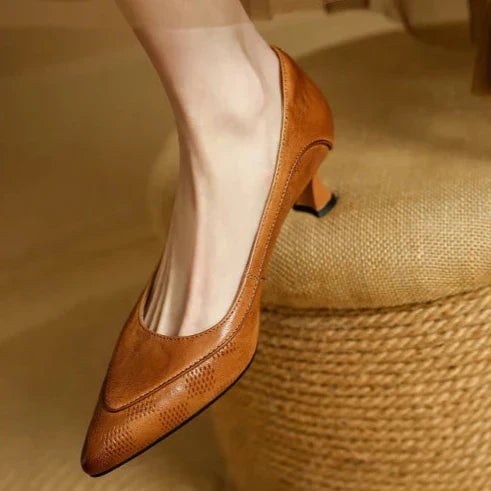 Paloma pointed toe kitten heel pumps in brown, top-down view showing pointed toe
