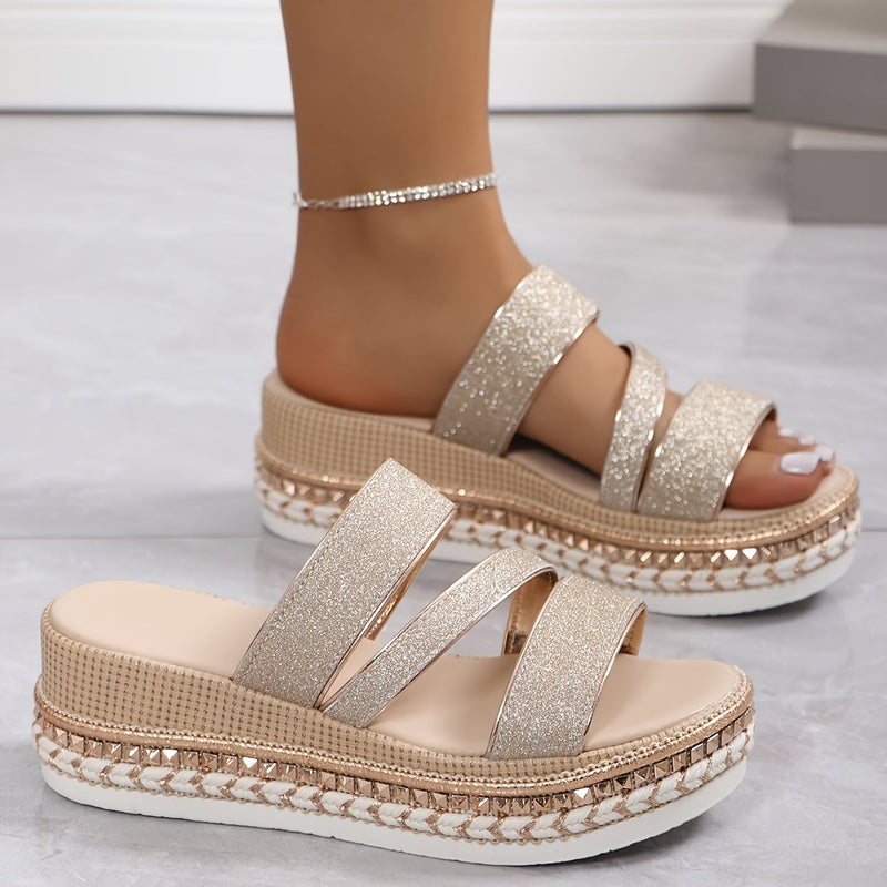 Close-up of Pamela sandal metallic sheen and delicate glitter strap detail