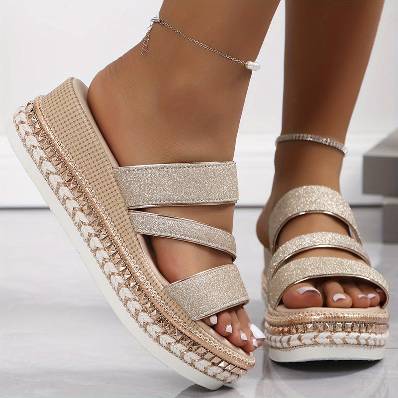 Pamela sandals styled with a flowy midi dress on a woman walking outdoors