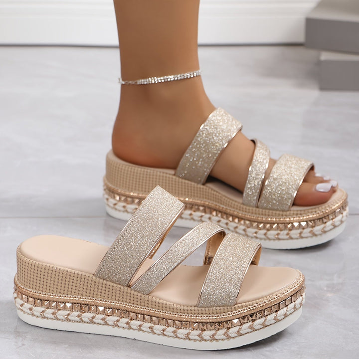 Top-down view of Pamela champagne sandals showing open breathable construction