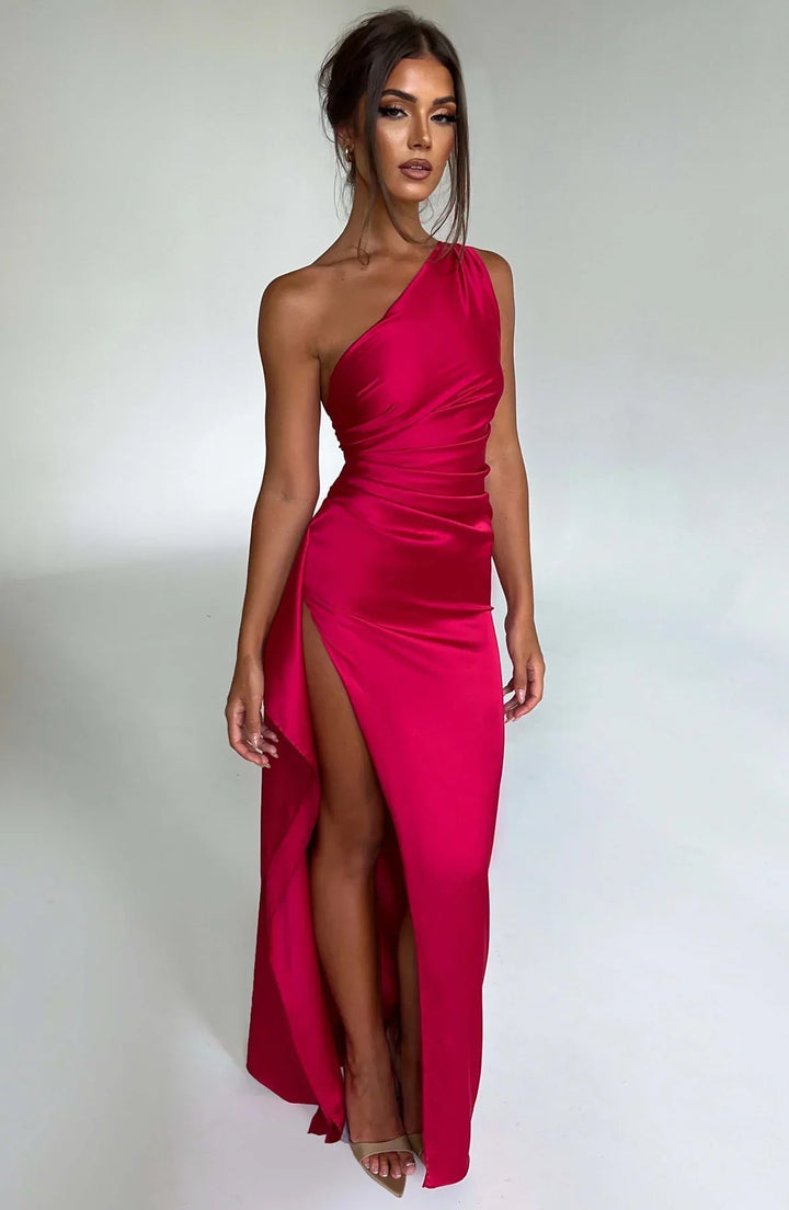 Red one-shoulder floor-length evening dress with high side slit on a model