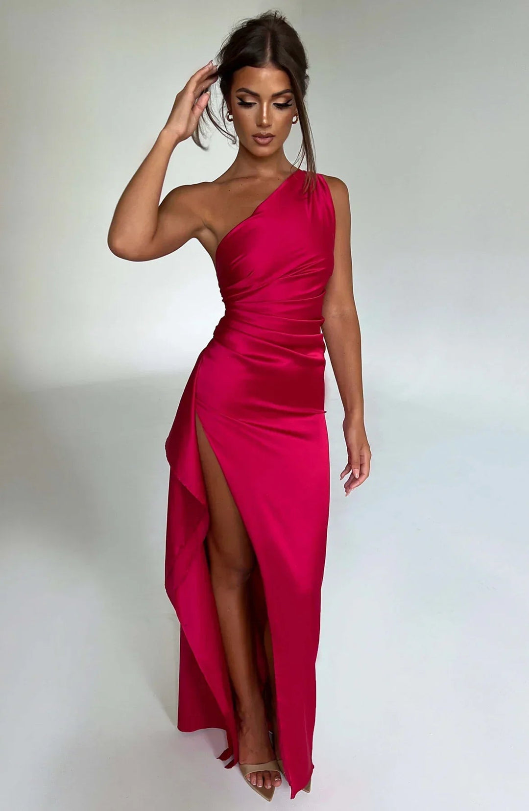 Navy blue one-shoulder formal dress with side slit, full-length view