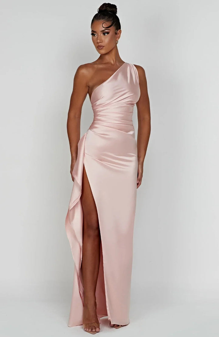 Dark pink one-shoulder dress full-length front view on model