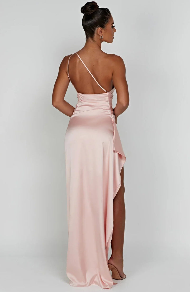 Navy blue formal one-shoulder dress front view full length