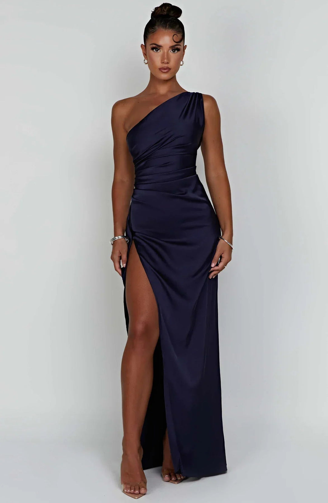 Dark pink one-shoulder dress back view fitted silhouette
