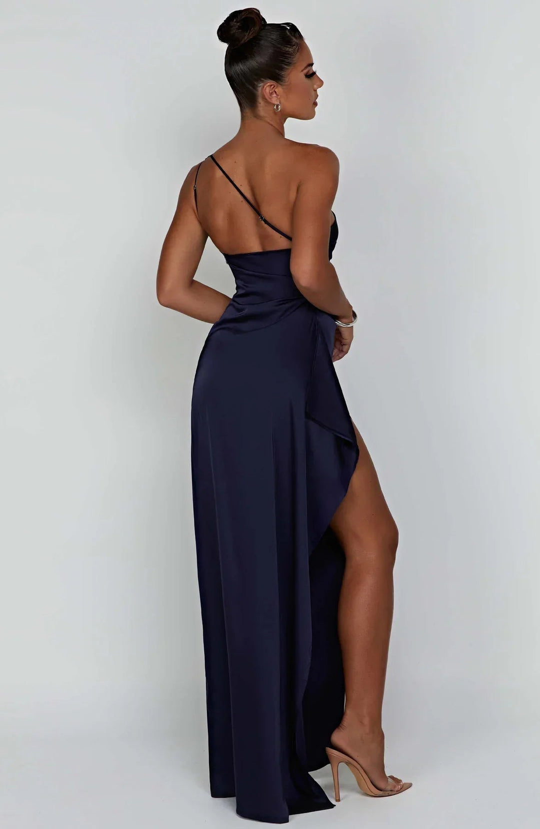 Beige floor-length one-shoulder dress full front view on model