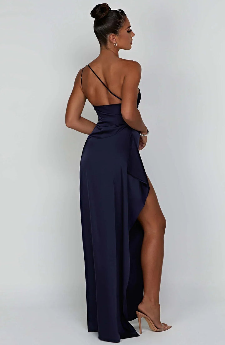 Beige floor-length one-shoulder dress full front view on model