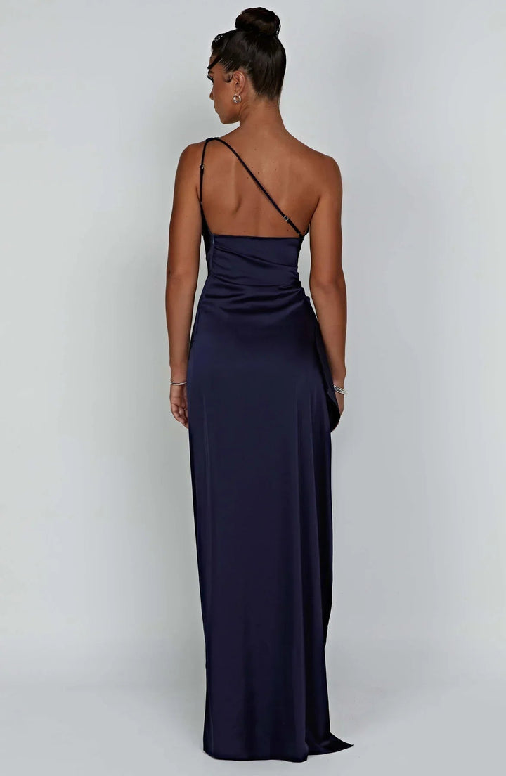 Red one-shoulder evening dress close-up bodice detail