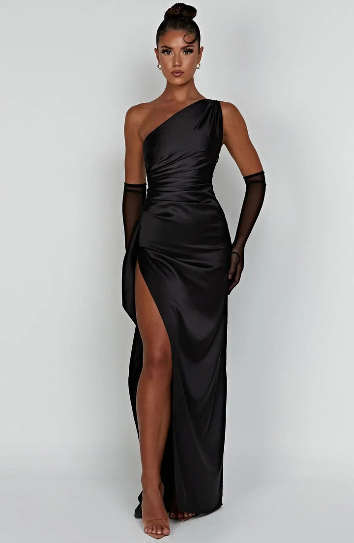 Dark pink one-shoulder dress three-quarter front view