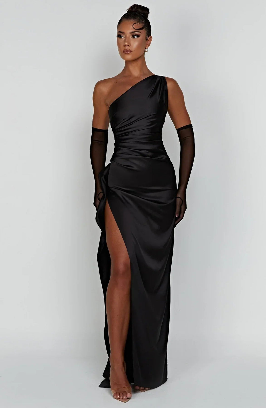 Red fitted one-shoulder dress back view on model