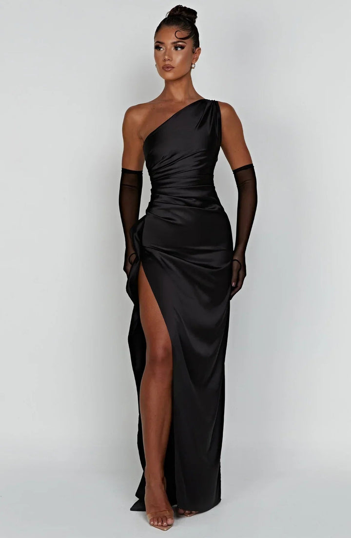 Red fitted one-shoulder dress back view on model