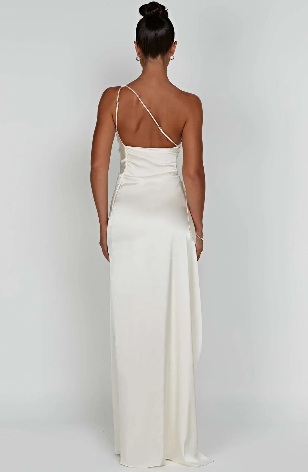 Beige formal maxi dress side view on model