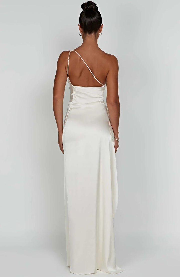 Beige formal maxi dress side view on model