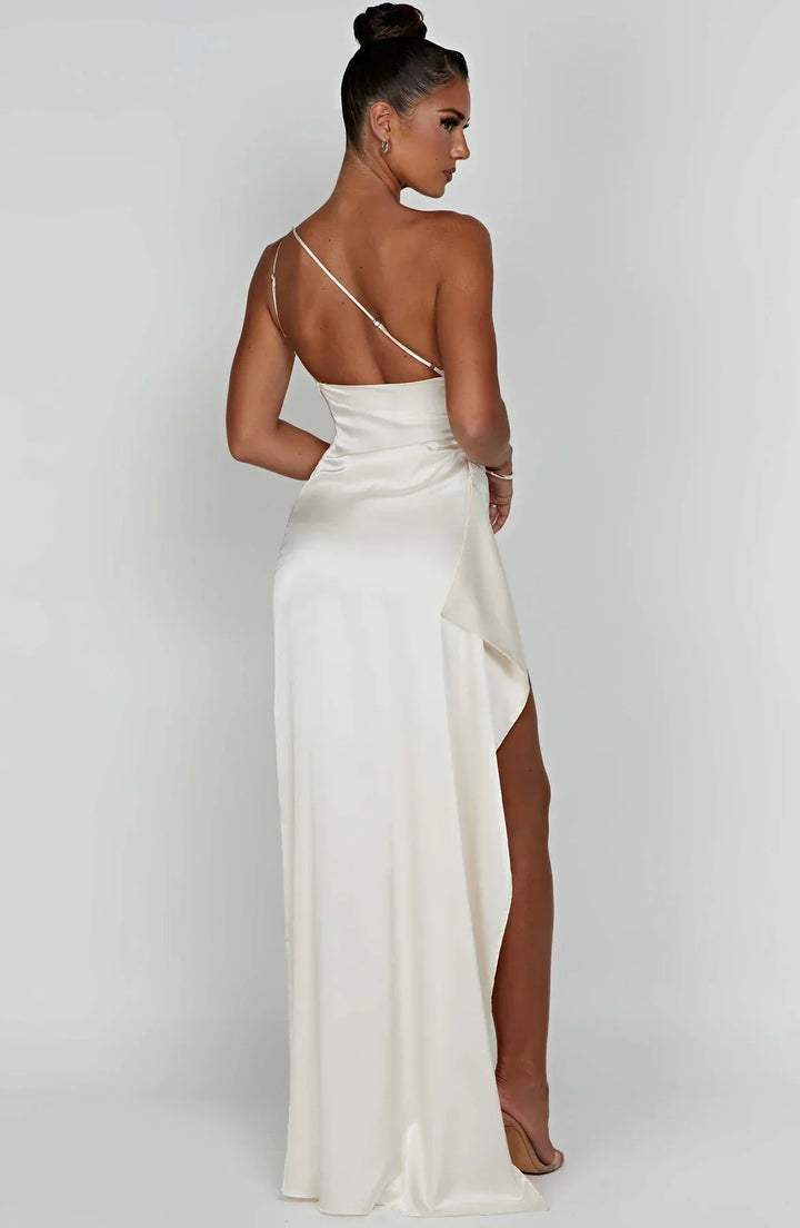 Beige one-shoulder dress three-quarter view on model