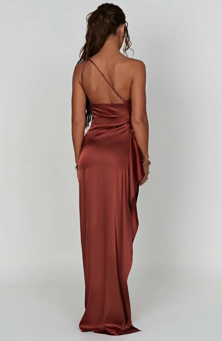 Black evening gown side slit three-quarter view
