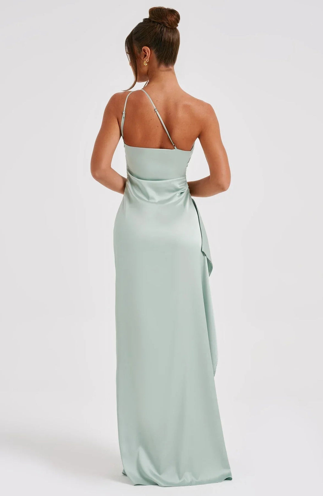 Dark pink one-shoulder maxi dress three-quarter back view