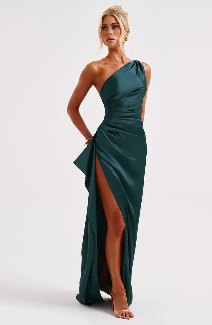Dark pink evening dress close-up fit at waist