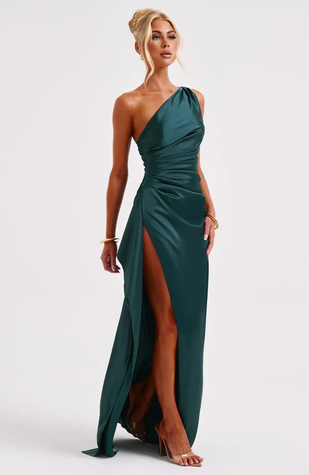 Red one-shoulder formal dress flat lay detail view
