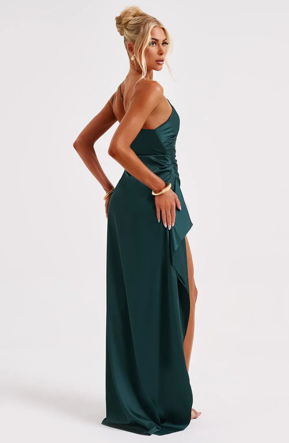 Navy blue one-shoulder evening dress flat lay showing full length
