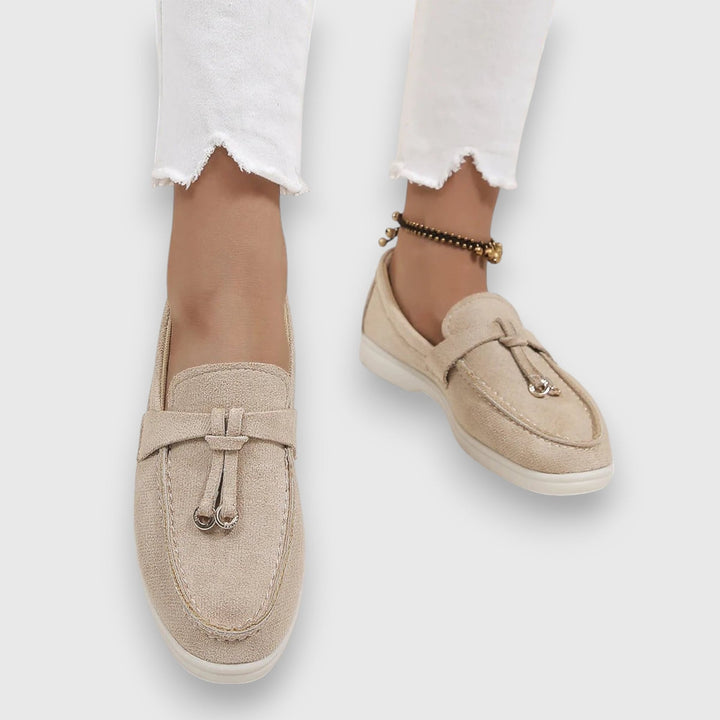 Parker women's slip-on loafers in beige with knotted tassel detail, front view