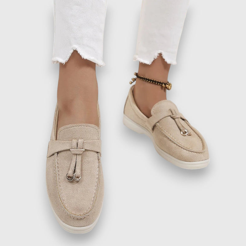 Parker women's slip-on loafers in beige with knotted tassel detail, front view