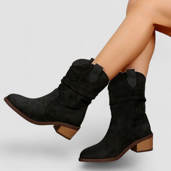 Close-up of the supportive sole on Florimay mid-calf boots in brown