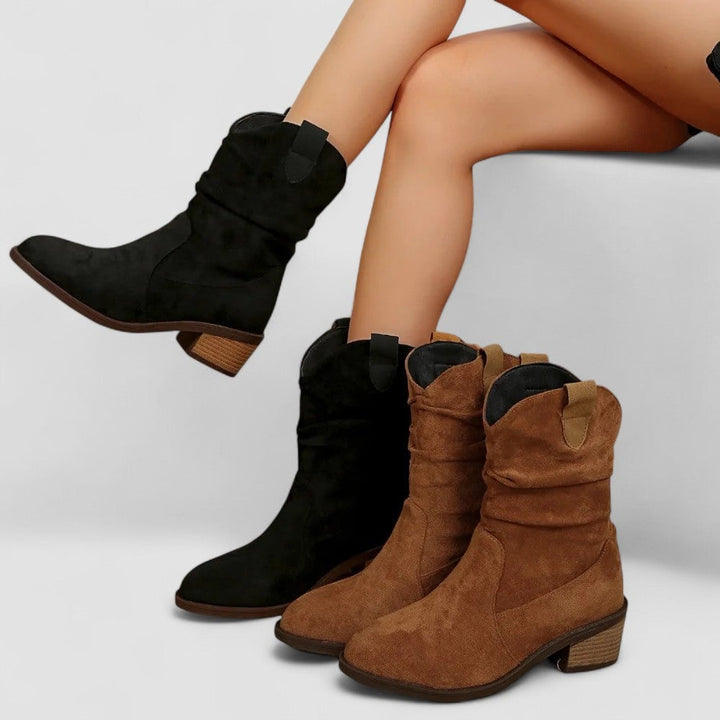 Florimay mid-calf boots in black shown from the front on a white background